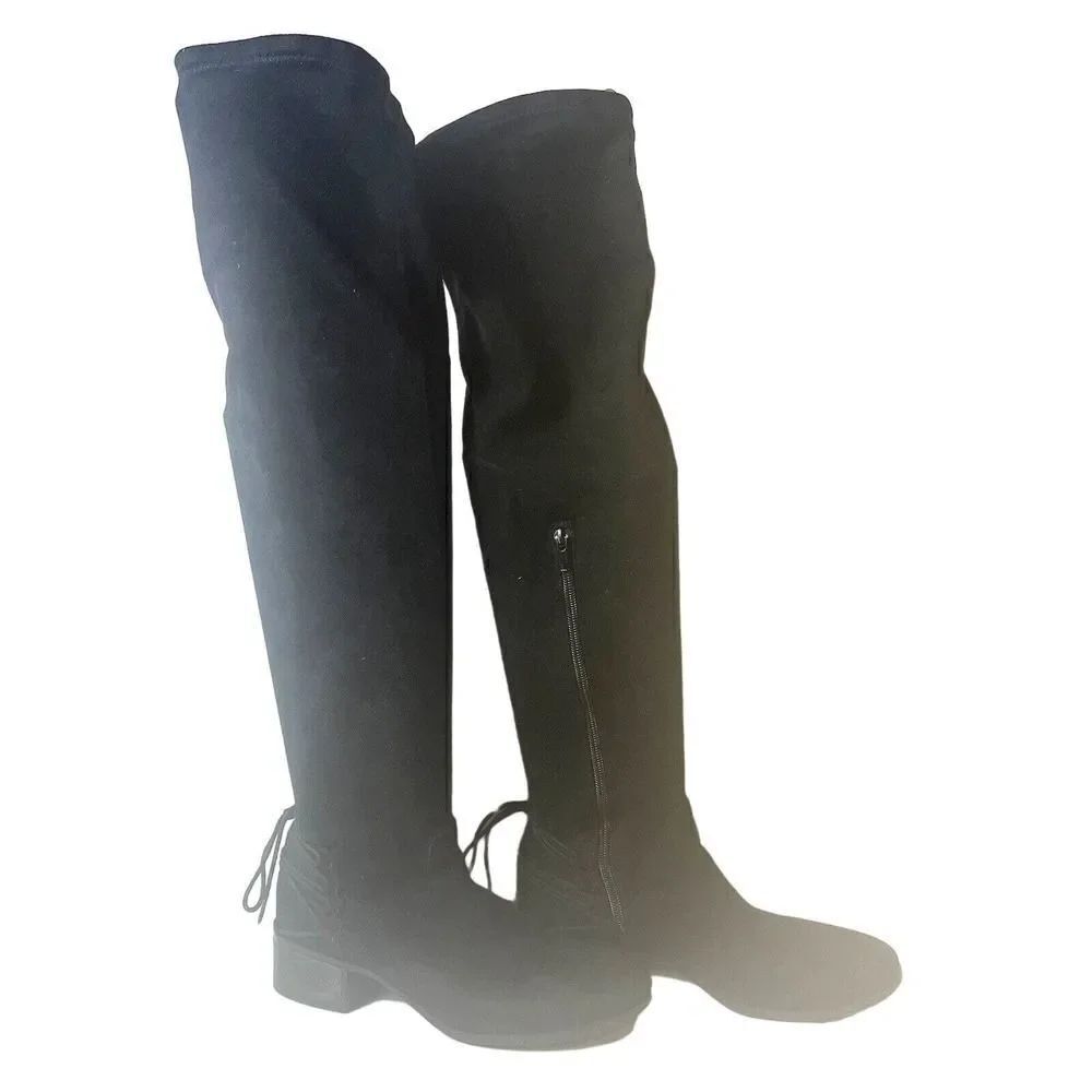 Madden Girl Women 7.5M Black Faux Suede Over The Knee Boots Pull On/Zip Low Heel